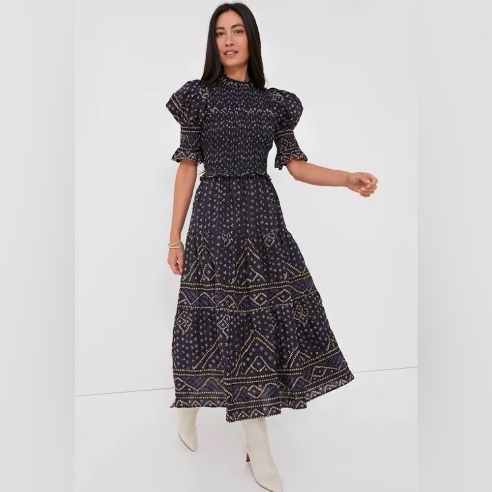 Sea New York Delphine Pucker Cotton Puff Sleeve Smocked dress size L